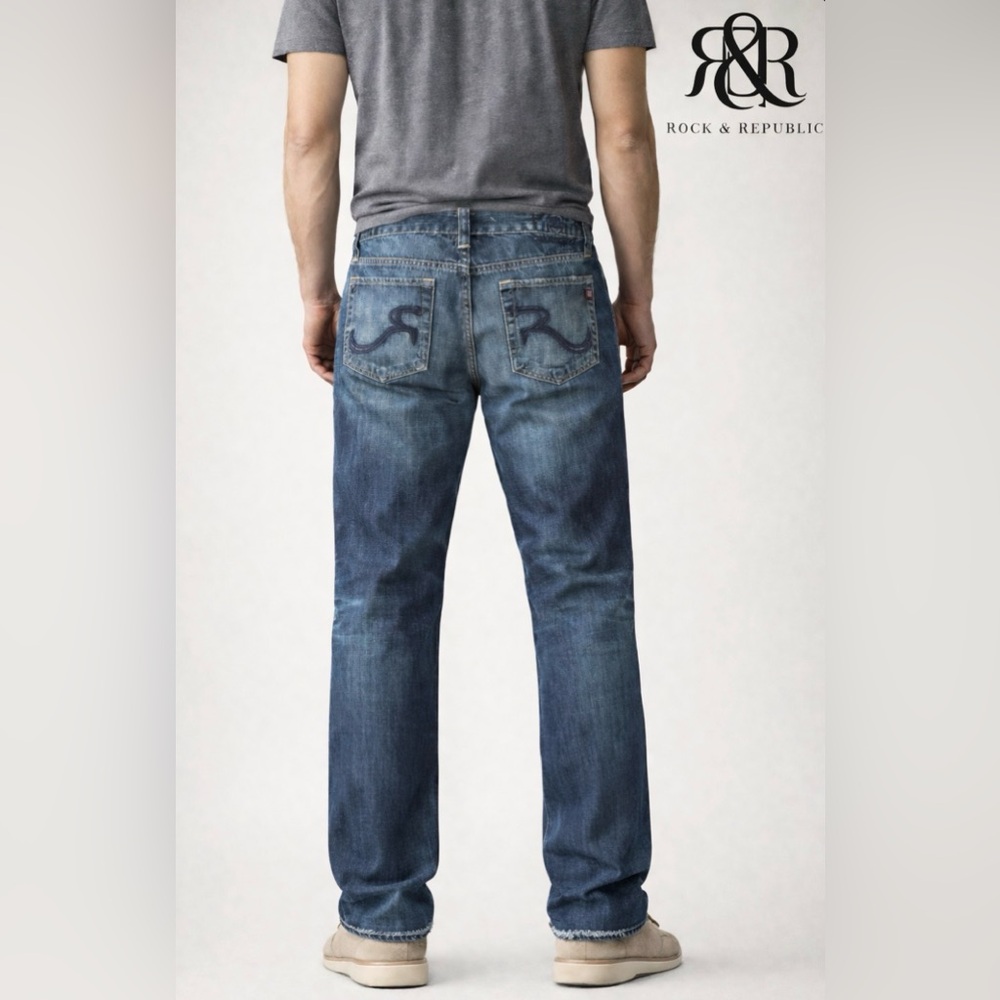 Rock & Republic - Mens Relaxed Fit Straight Leg Blue Jeans